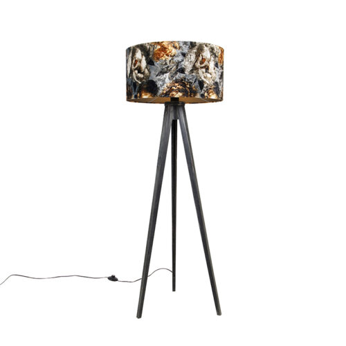 Állólámpa állvány fekete virágmintás árnyékolóval 50 cm - Tripod Classic