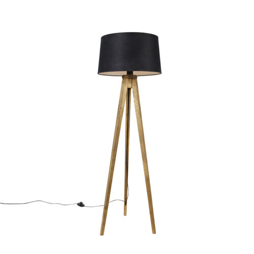 Rusztikus állólámpa háromlábú vintage fa lámpaernyővel lenvászon fekete 45 cm - Tripod Classic