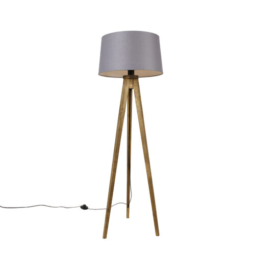 Rusztikus állólámpa vintage fa talppal és lenvászon búrával sötétszürke 45 cm - Tripod Classic