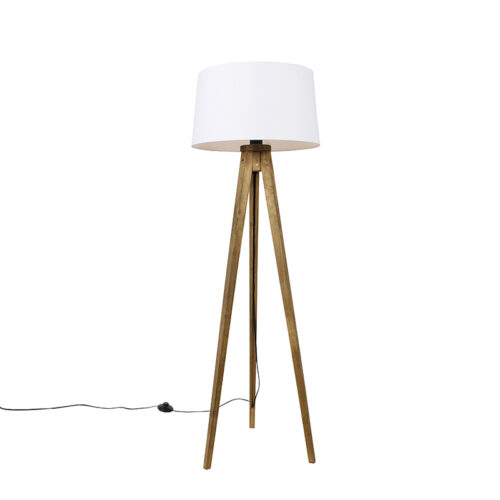 Rusztikus állványos vintage fa lámpa fehér vászon búrával 45 cm - Tripod Classic