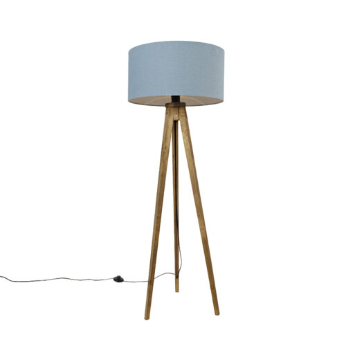 Rusztikus állványos vintage fa lámpa világoskék búrával 50 cm - Tripod Classic