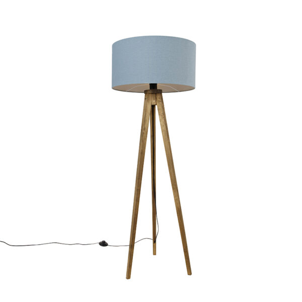 Rusztikus állványos vintage fa lámpa világoskék búrával 50 cm - Tripod Classic