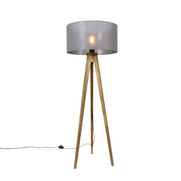 Rusztikus állólámpa vintage fa sötétszürke árnyékolóval 50 cm - Tripod Classic