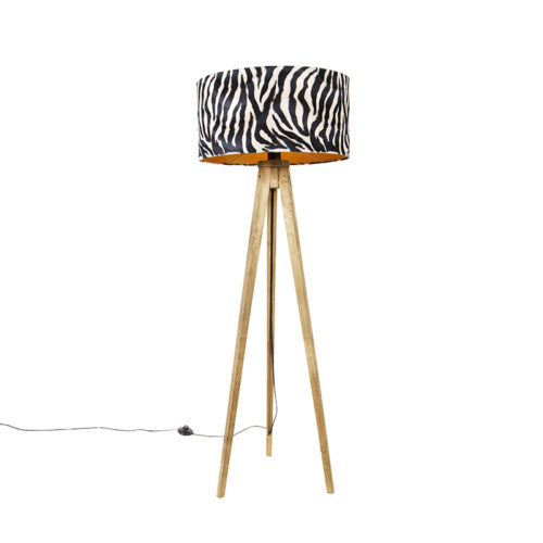 Vintage állólámpa fa árnyékolóval zebra mintával 50 cm - Tripod Classic