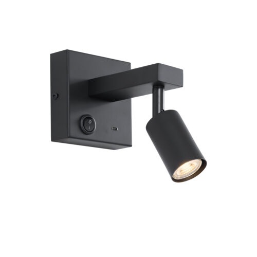 Modern fekete dönthető fali lámpa USB-C csatlakozóval - Rex