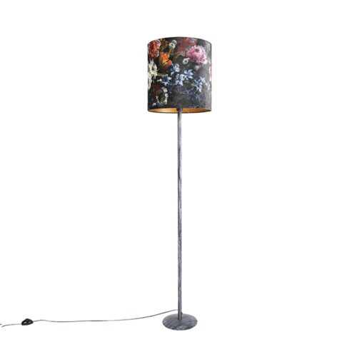 Vintage állólámpa antik szürke árnyékolóval virágmintás 40 cm - Simplo