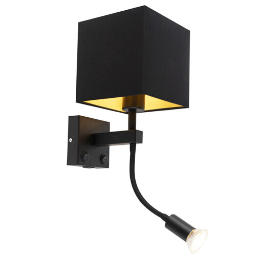 Modern fali lámpa fekete USB-vel és fekete négyzet alakú lámpabúrával - Zeno