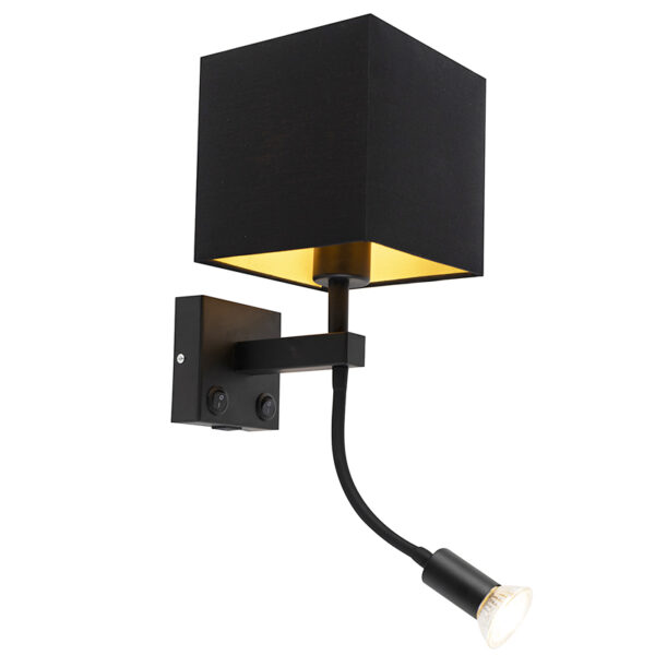 Modern fali lámpa fekete USB-vel és fekete négyzet alakú lámpabúrával - Zeno
