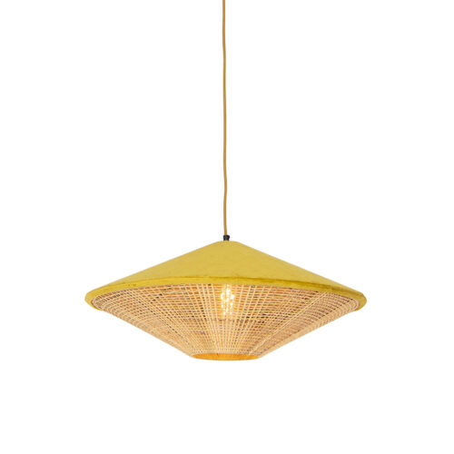 Rusztikus függőlámpa sárga bársony és rattan 60 cm - Frills Can