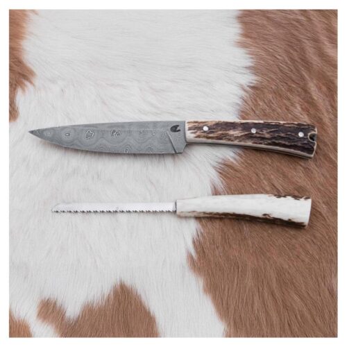 Jiří Čurda Damaszkuszi vadászkés mini fűrésszel 12 cm szarvas agancs