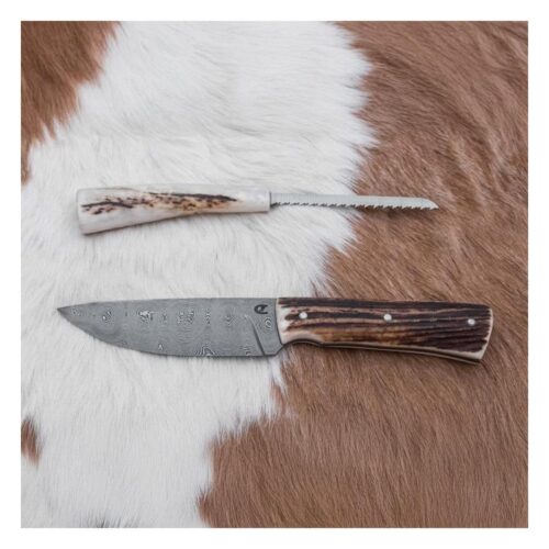 Jiří Čurda Damaszkuszi vadászkés minifűrésszel 11 cm szarvas agancs