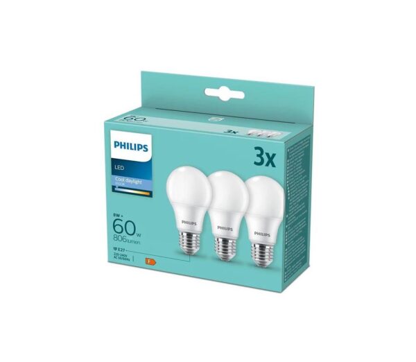 Philips KÉSZLET 3x LED Izzó Philips A60 E27/8W/230V 6500K
