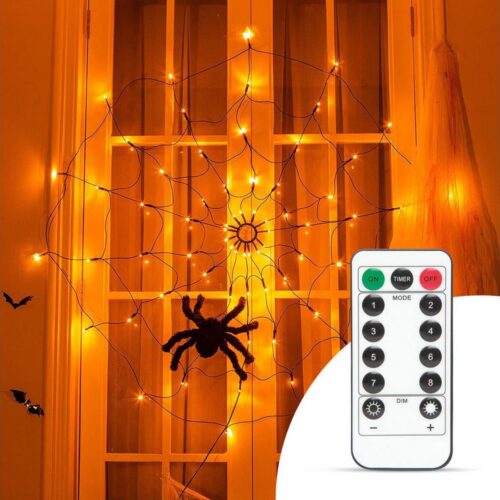 LED Díszlánc HALLOWEEN LED/5V/8 funkciós pókháló + távirányító
