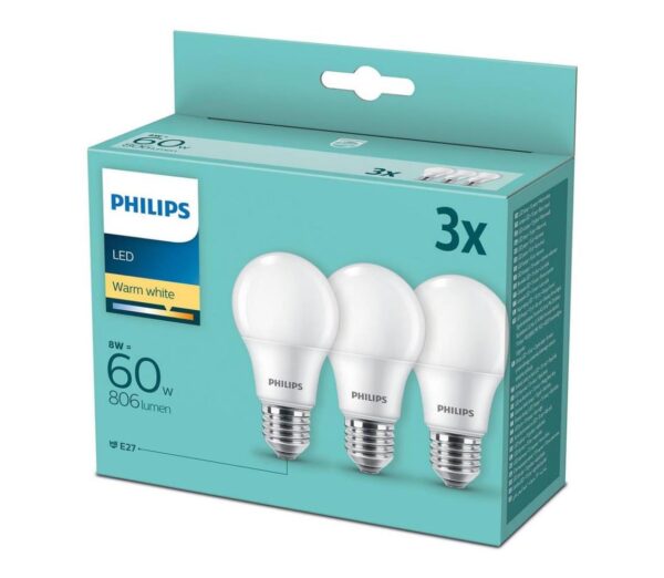 Philips SET 3x LED Izzó Philips A60 E27/8W/230V 2700K